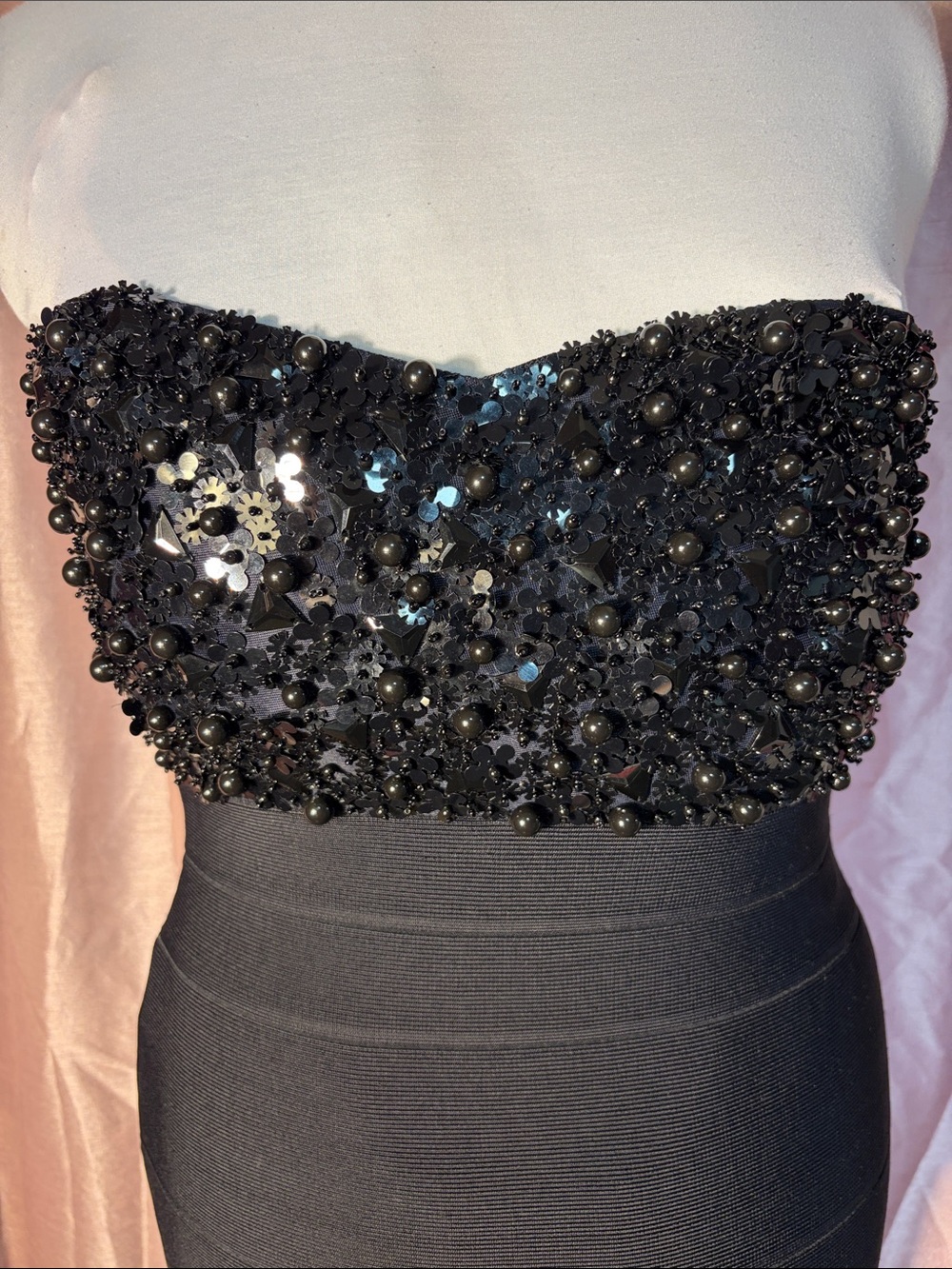 Herve Leger Black Strapless floral Sequin Bodice Mini Dress